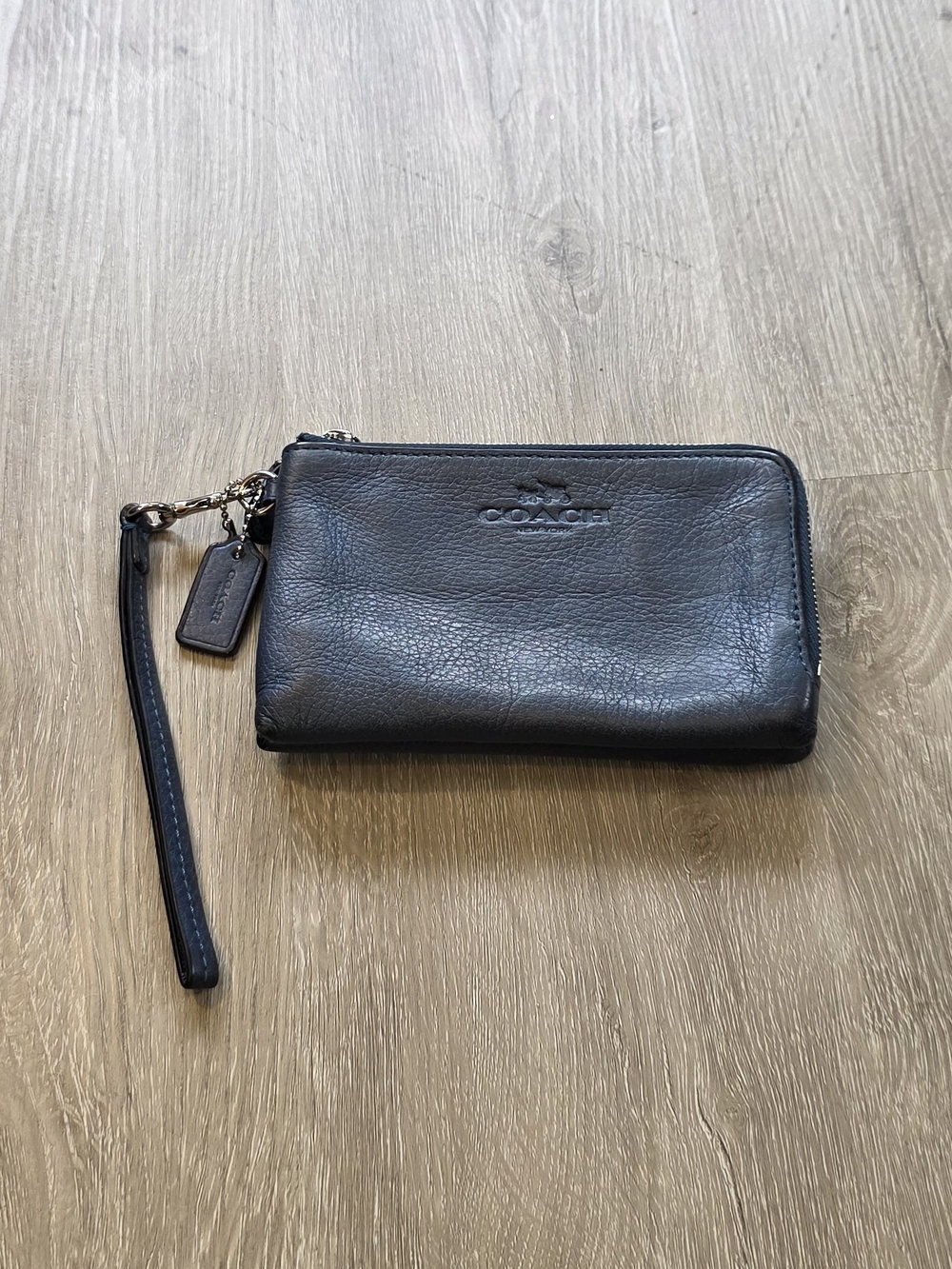 COACH Double Zip Corner Wristlet Clutch Wallet Pebbled Blue Leather F64130